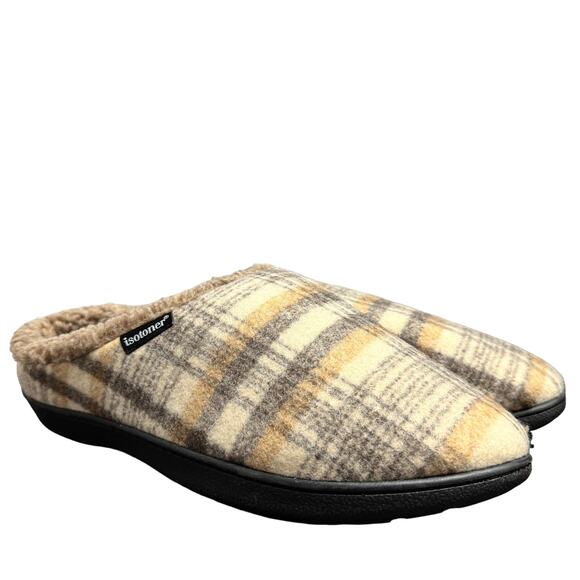 Isotoner Mens Slippers Size XL 11-12 Tan Plaid Slip On Memory Foam New - Picture 4 of 9